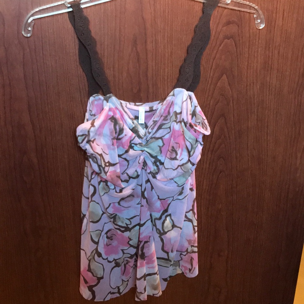NWT Rose Floral Sheer Tank Top w/Brown Lace Straps